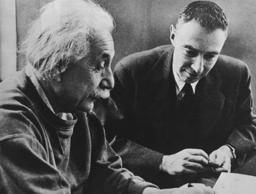 Albert Einstein and Robert Oppenheimer in a posed photograph at the Institute for Advanced Study.